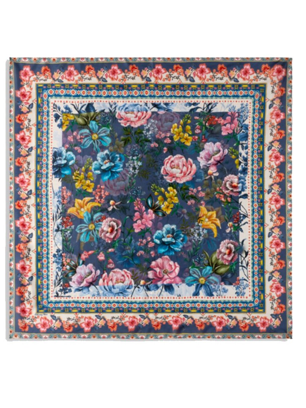 Johnny Was Margery Medium Silk Scarf Floral Square Pink Flowers Blue Scarves NEW